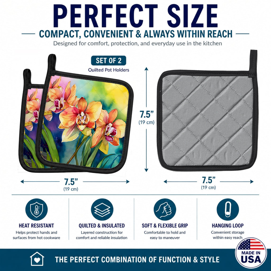 Orchids in Watercolor Pot Holder Set of 2 Heat Resistant Quilted Hot Pads 7.5 x 7.5 Inch, Insulated Kitchen Trivets for Cooking & Baking