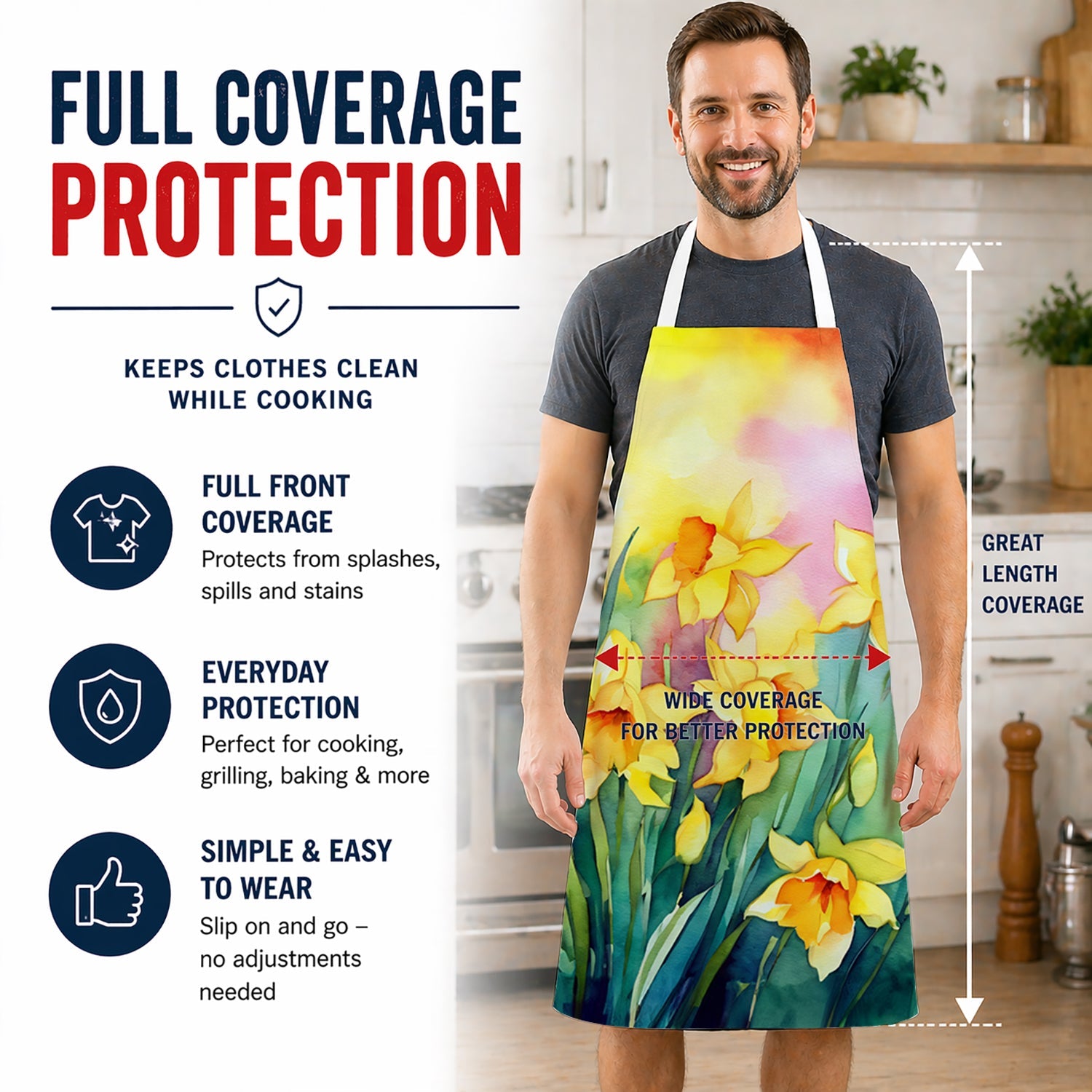Daffodils in Watercolor Apron Cooking Kitchen Server Baking Crafts Gardening for Adult Women Men, Unisex, Large, Multicolor