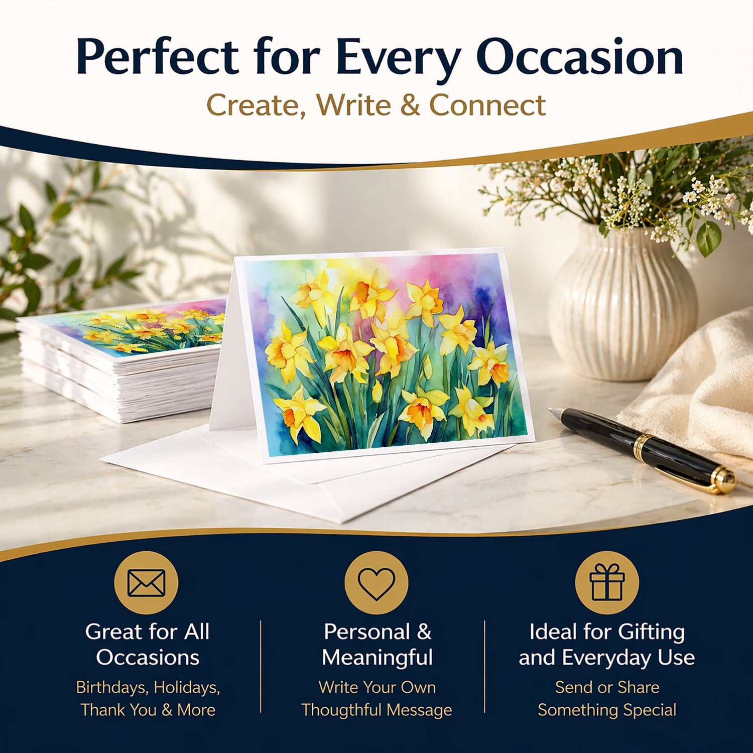 Daffodils in Watercolor Greeting Cards Pack of 8 Blank Cards with Envelopes Whimsical A7 Size 5x7