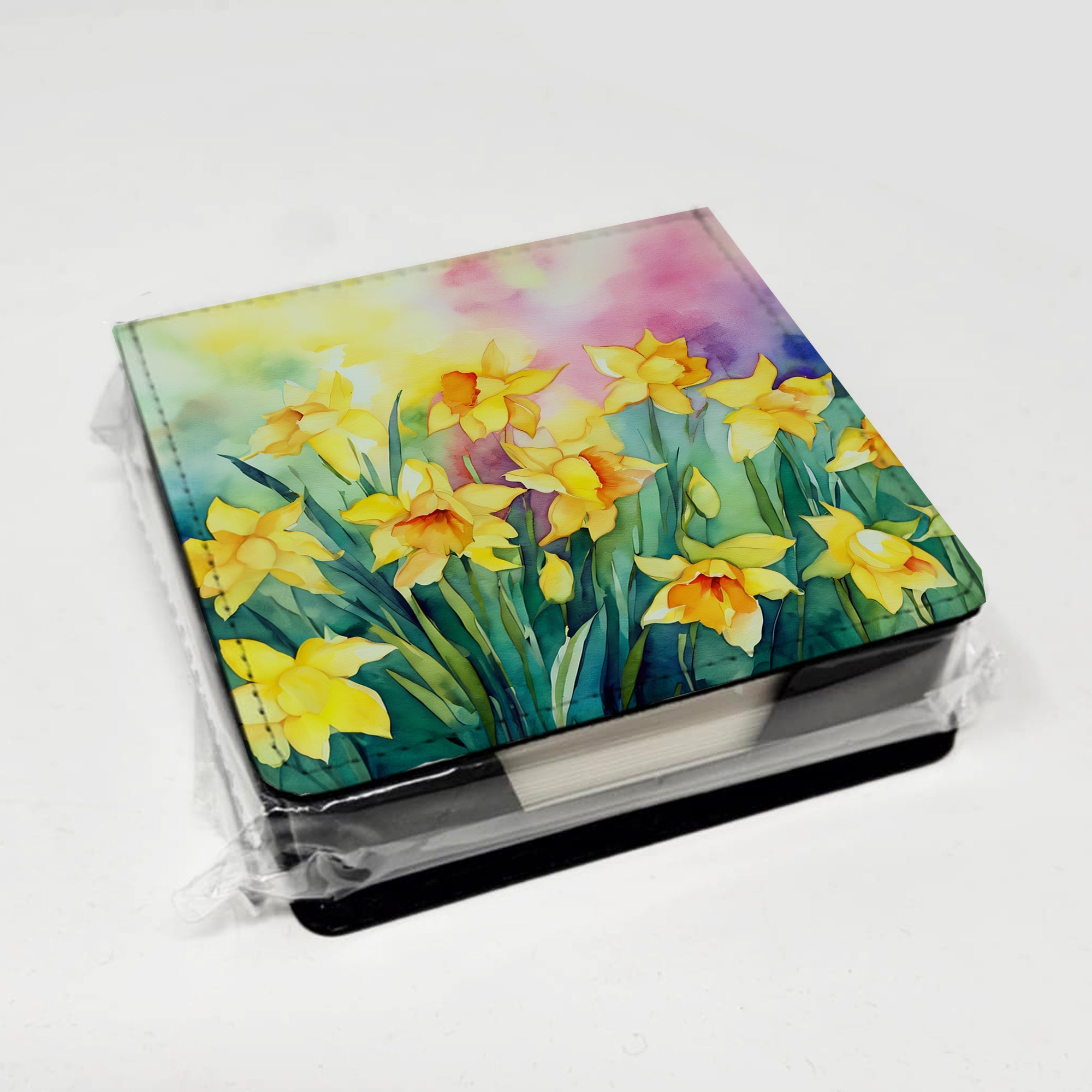 Daffodils in Watercolor PU Leather Note Paper Holder with Artist-Designed Cover, Desk Accessory, Office Gift