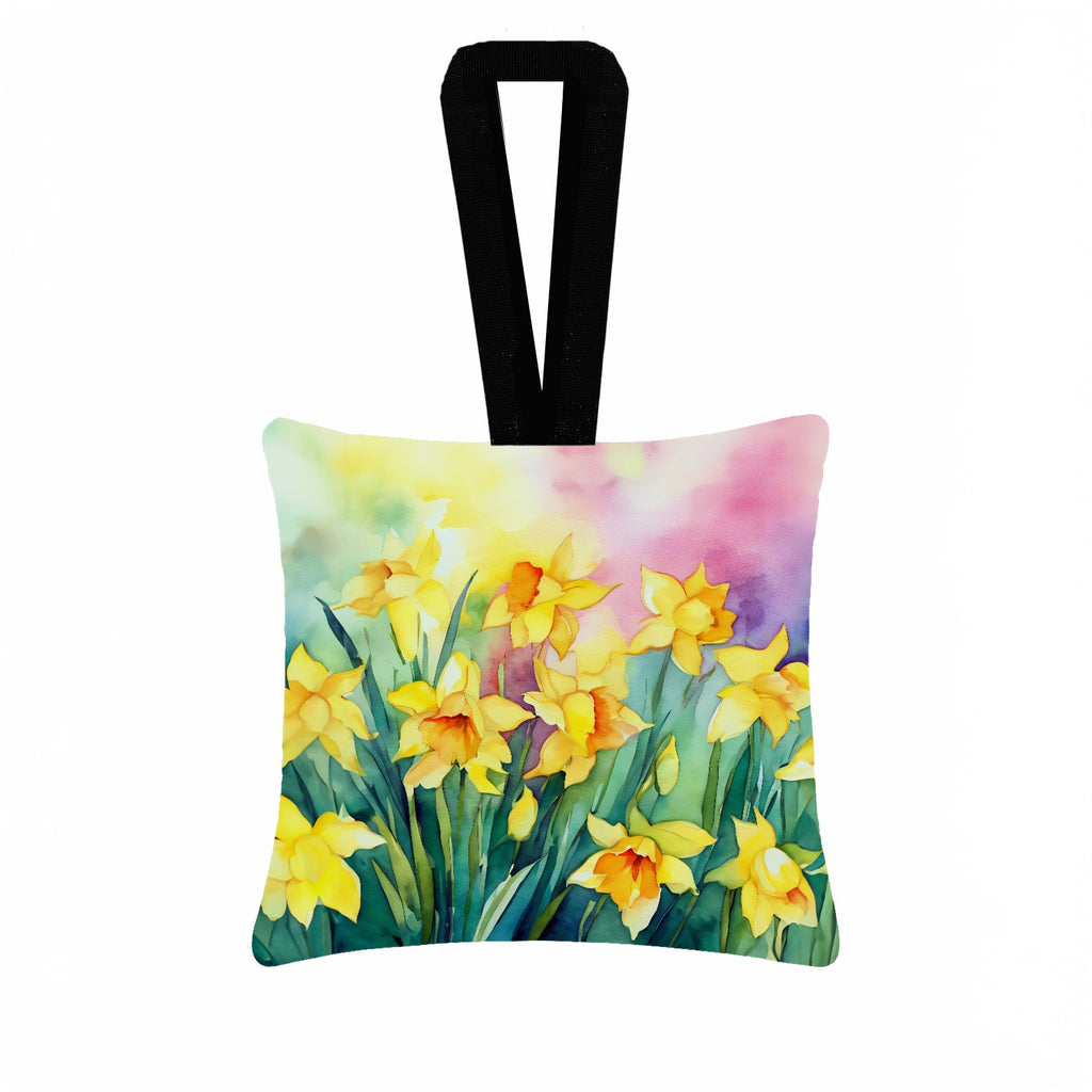 Daffodils in Watercolor Hanging Square Fabric Ornament 3.5 × 3.5 Decorative Door-Knob & Tree Hanger, Soft Fabric