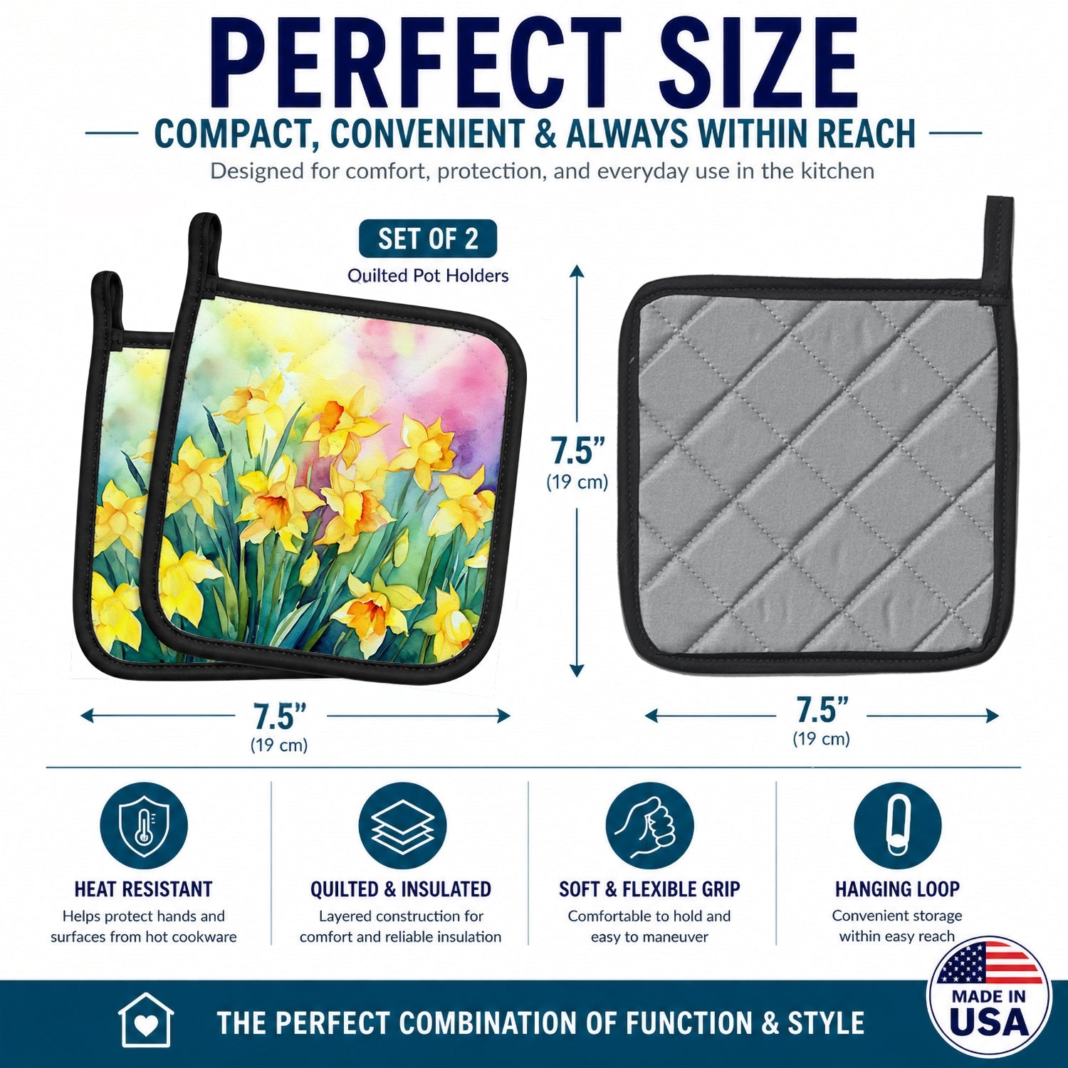 Daffodils in Watercolor Pot Holder Set of 2 Heat Resistant Quilted Hot Pads 7.5 x 7.5 Inch, Insulated Kitchen Trivets for Cooking & Baking