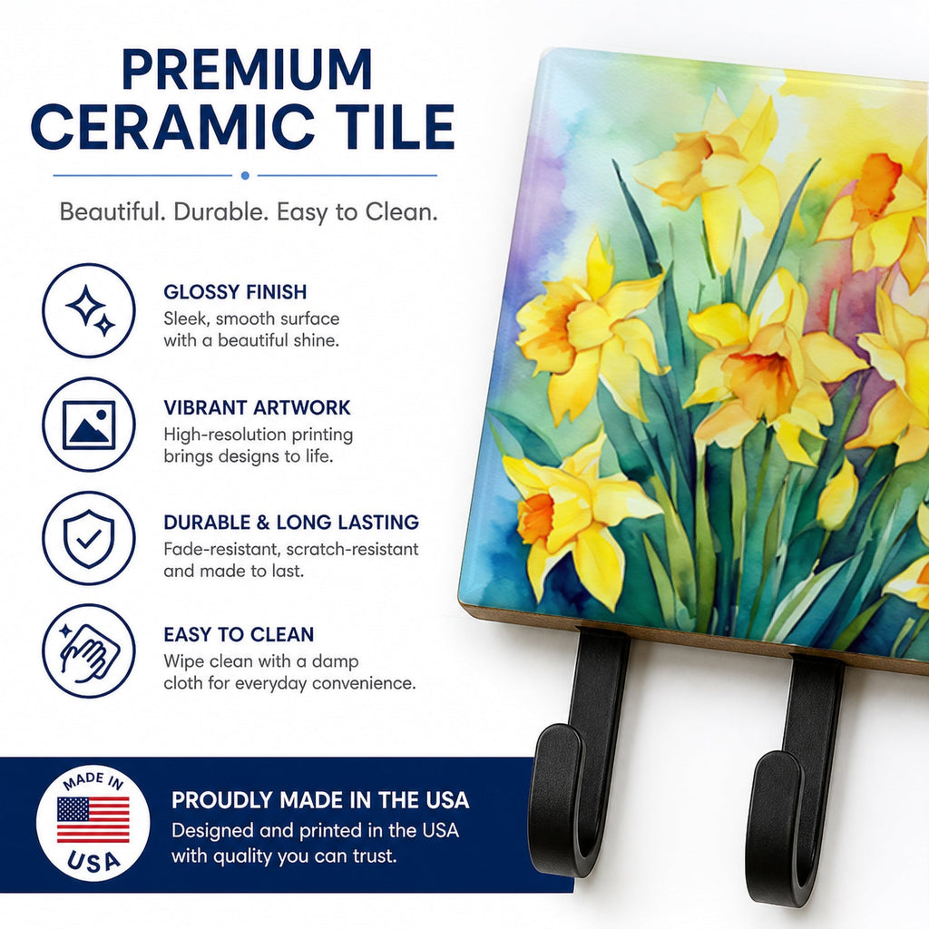 Daffodils in Watercolor Leash or Key Holder Wall Hooks, Coat Rack Wall Mount, for Hanging Keys, Towels, Aprons, Leashes