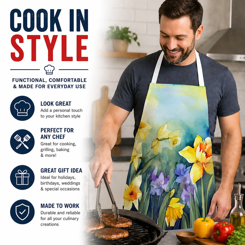 Daffodils in Watercolor Apron Cooking Kitchen Server Baking Crafts Gardening for Adult Women Men, Unisex, Large, Multicolor