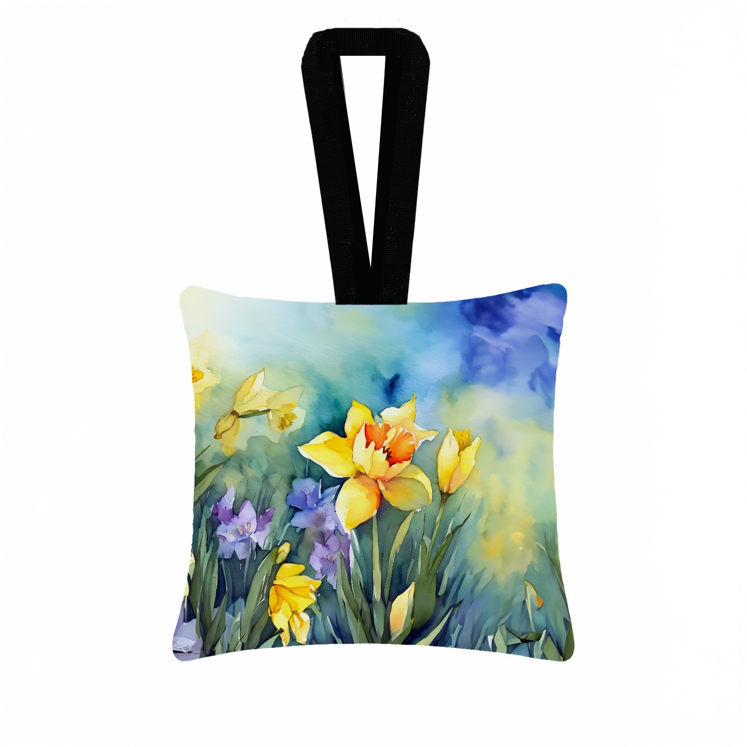 Daffodils in Watercolor Hanging Square Fabric Ornament 3.5 × 3.5 Decorative Door-Knob & Tree Hanger, Soft Fabric