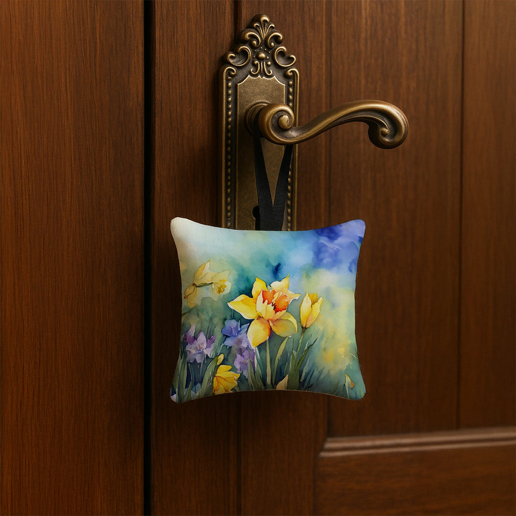 Daffodils in Watercolor Hanging Square Fabric Ornament 3.5 × 3.5 Decorative Door-Knob & Tree Hanger, Soft Fabric