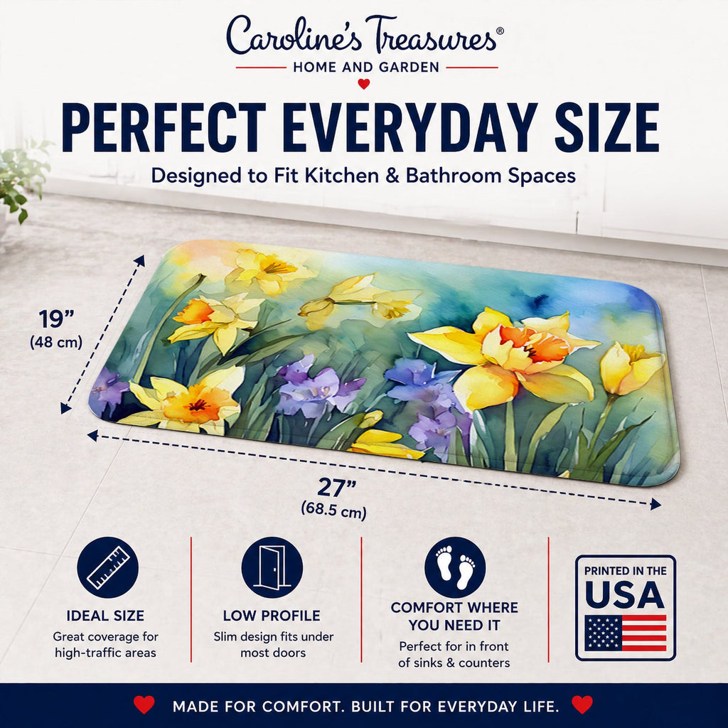 Daffodils in Watercolor Memory Foam Kitchen Mat Machine Washable Anti-Fatigue Cushion Comfort Bath or Kitchen Rug