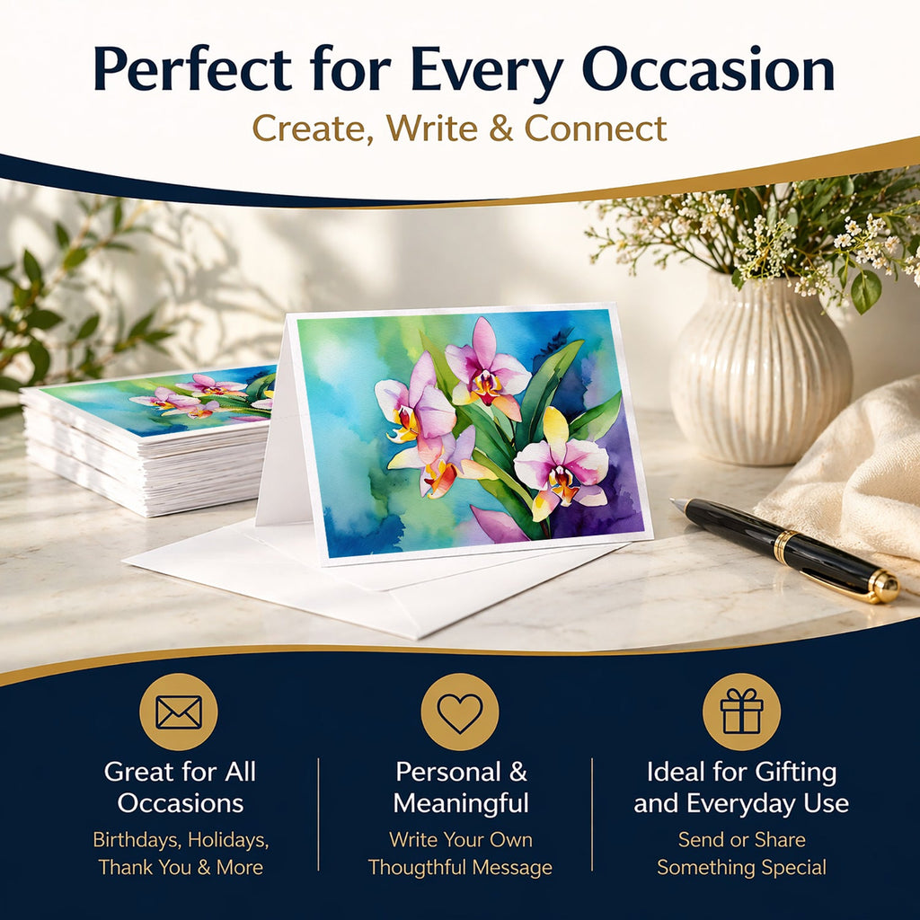 Orchids in Watercolor Greeting Cards Pack of 8 Blank Cards with Envelopes Whimsical A7 Size 5x7