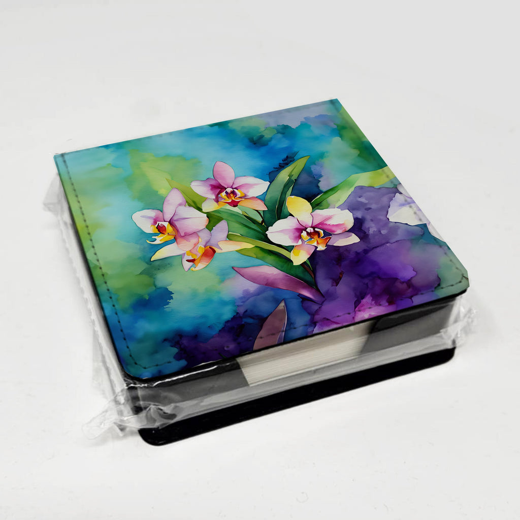 Orchids in Watercolor PU Leather Note Paper Holder with Artist-Designed Cover, Desk Accessory, Office Gift