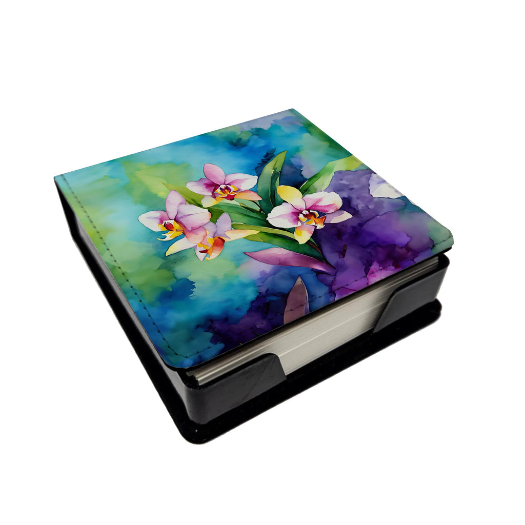 Orchids in Watercolor PU Leather Note Paper Holder with Artist-Designed Cover, Desk Accessory, Office Gift