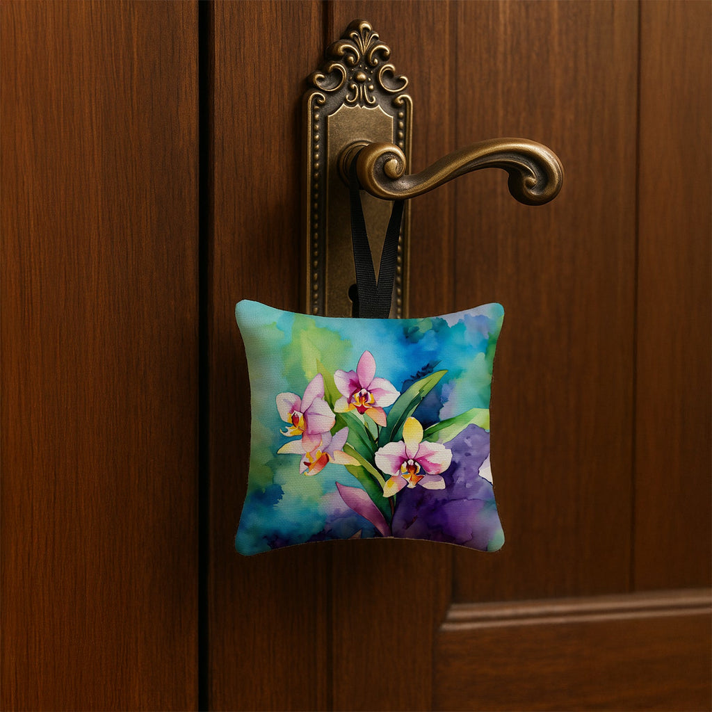 Orchids in Watercolor Hanging Square Fabric Ornament 3.5 × 3.5 Decorative Door-Knob & Tree Hanger, Soft Fabric