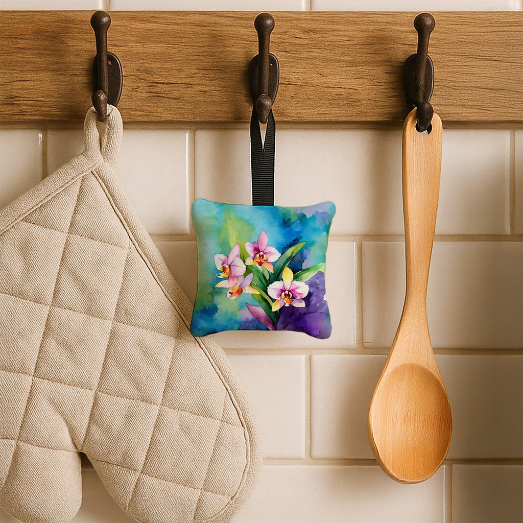 Orchids in Watercolor Hanging Square Fabric Ornament 3.5 × 3.5 Decorative Door-Knob & Tree Hanger, Soft Fabric