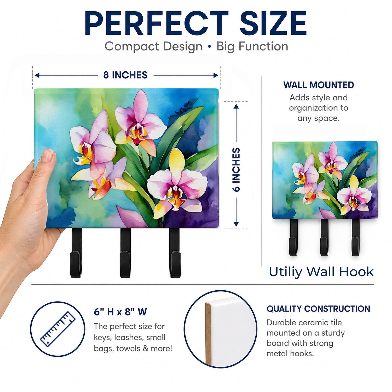 Orchids in Watercolor Leash or Key Holder Wall Hooks, Coat Rack Wall Mount, for Hanging Keys, Towels, Aprons, Leashes