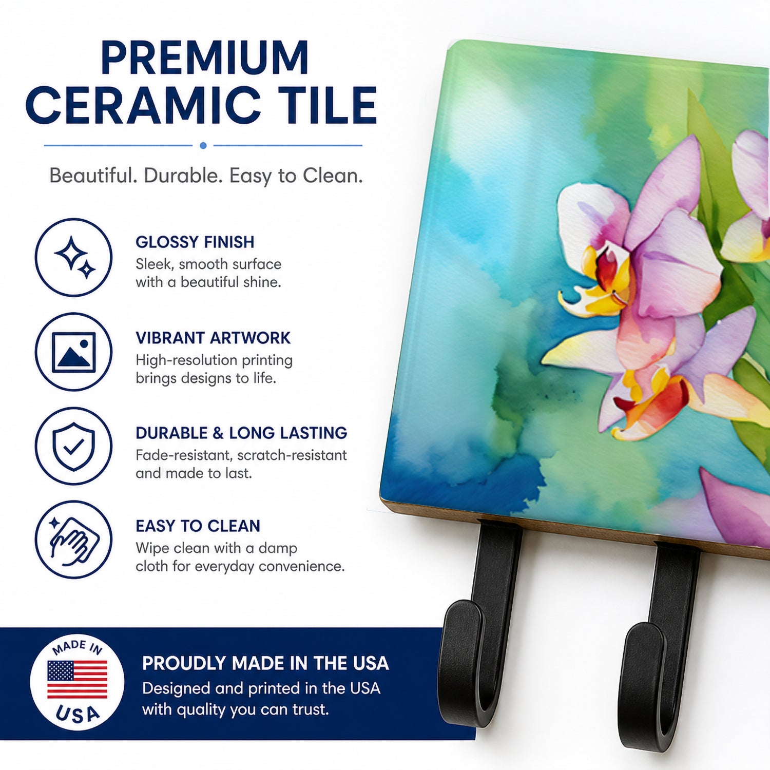 Orchids in Watercolor Leash or Key Holder Wall Hooks, Coat Rack Wall Mount, for Hanging Keys, Towels, Aprons, Leashes