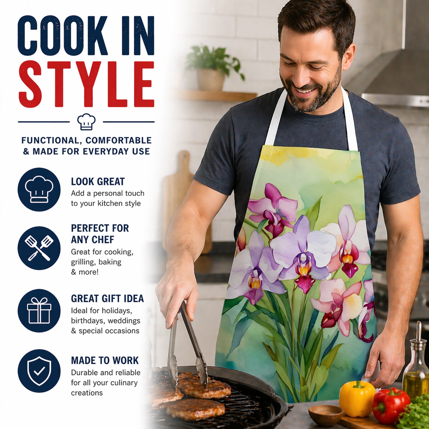 Orchids in Watercolor Apron Cooking Kitchen Server Baking Crafts Gardening for Adult Women Men, Unisex, Large, Multicolor