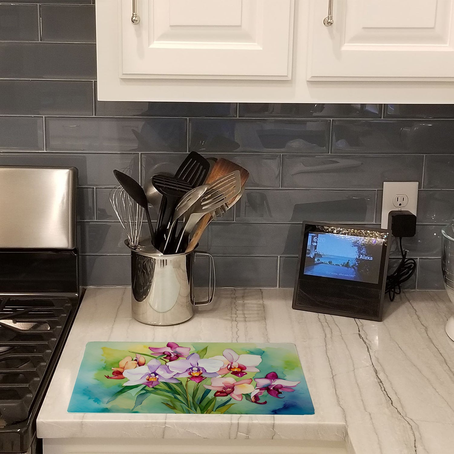 Orchids in Watercolor Cutting Board Tempered Glass Kitchen Cutting Surface, Heat Resistant Chopping, Non-Slip Feet, Food Prep & Serving