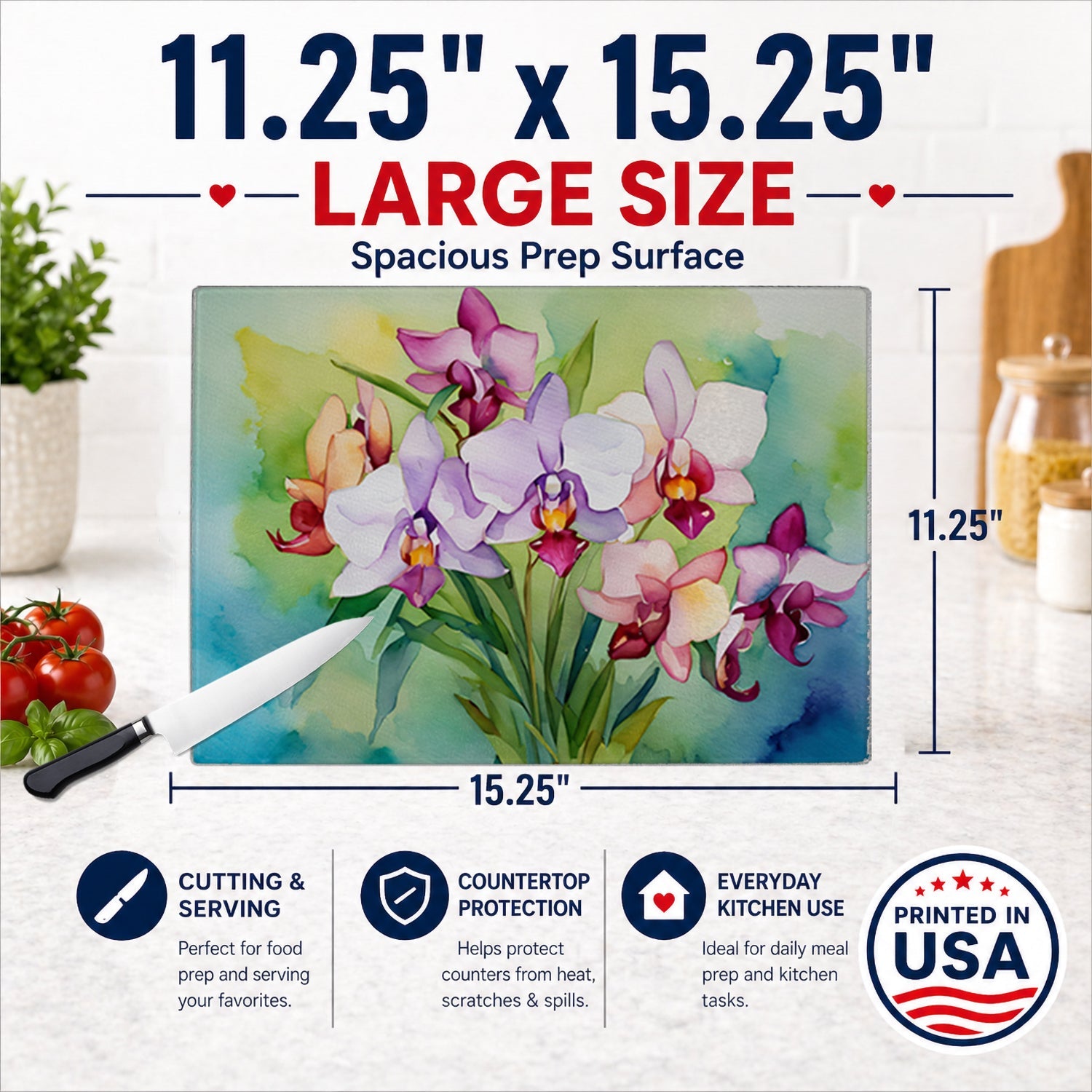 Orchids in Watercolor Cutting Board Tempered Glass Kitchen Cutting Surface, Heat Resistant Chopping, Non-Slip Feet, Food Prep & Serving
