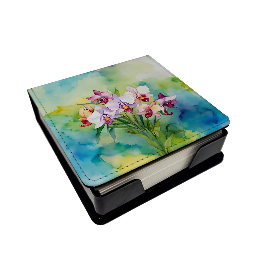 Orchids in Watercolor PU Leather Note Paper Holder with Artist-Designed Cover, Desk Accessory, Office Gift