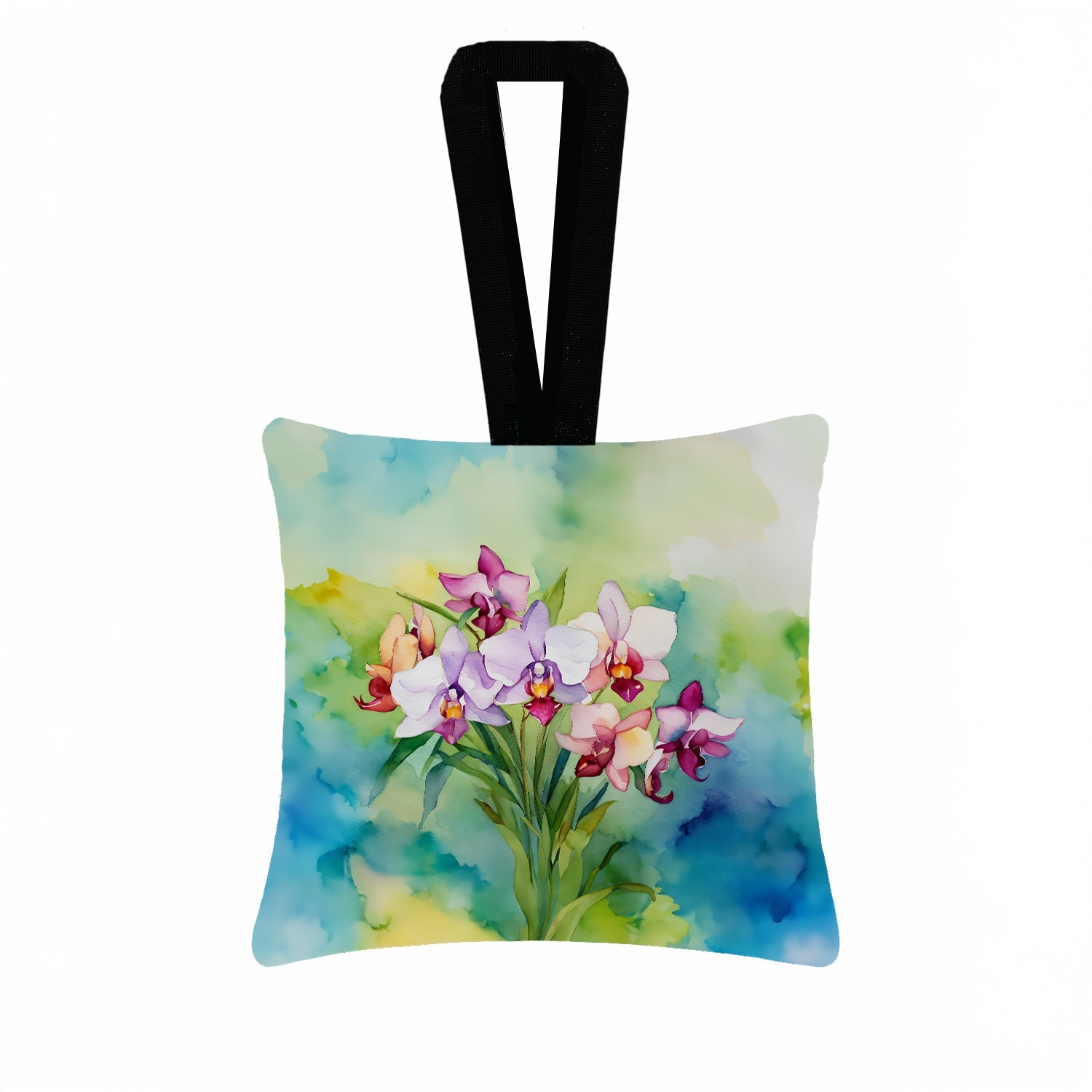 Orchids in Watercolor Hanging Square Fabric Ornament 3.5 × 3.5 Decorative Door-Knob & Tree Hanger, Soft Fabric