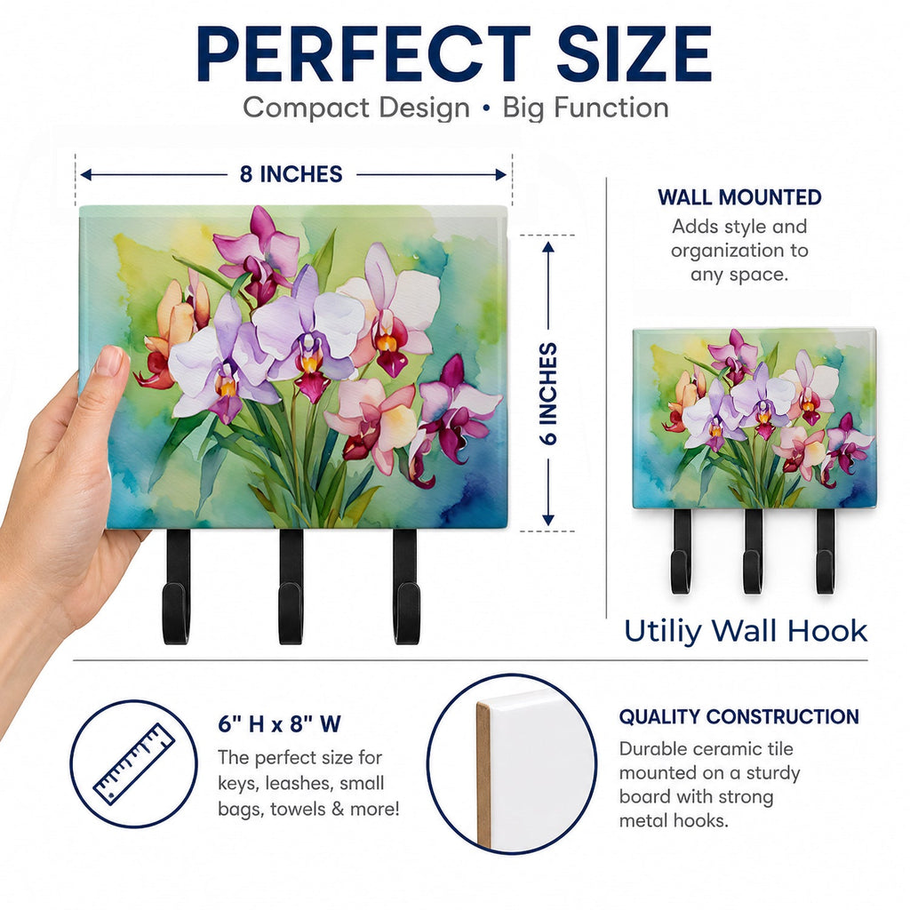 Orchids in Watercolor Leash or Key Holder Wall Hooks, Coat Rack Wall Mount, for Hanging Keys, Towels, Aprons, Leashes