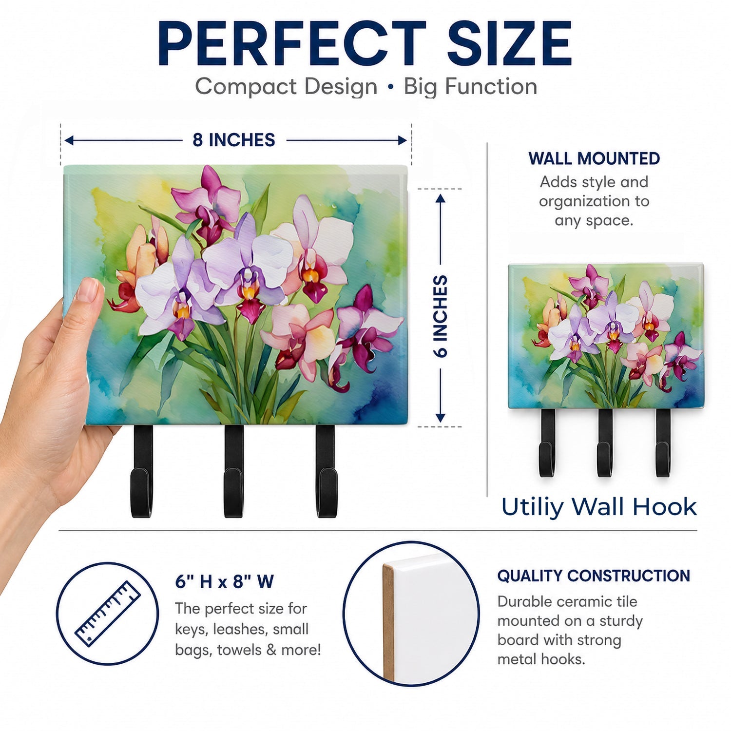 Orchids in Watercolor Leash or Key Holder Wall Hooks, Coat Rack Wall Mount, for Hanging Keys, Towels, Aprons, Leashes