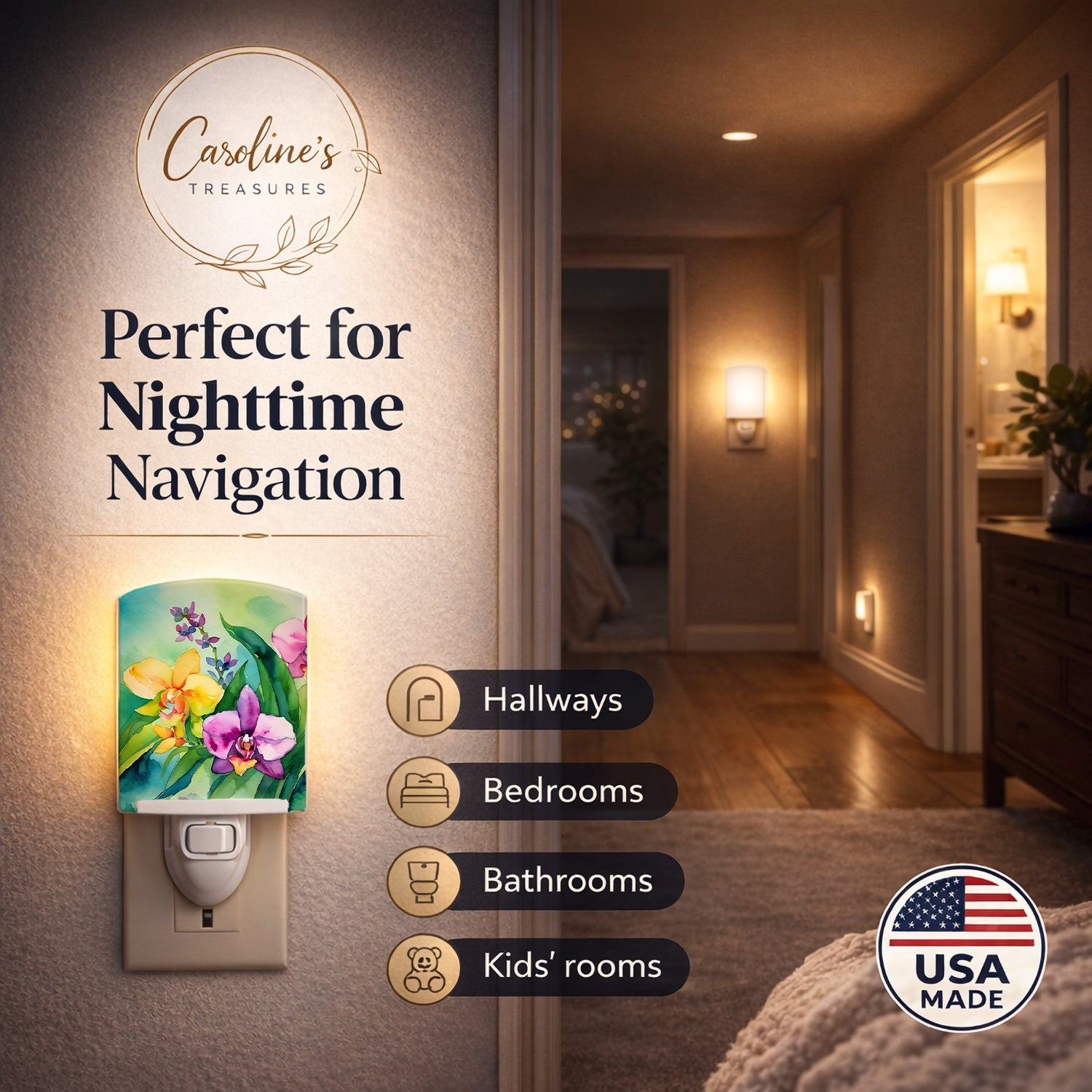 Orchids in Watercolor Ceramic Night Light Compact, UL-Certified, Ideal for Bedroom, Bathroom, Nursery, Hallway, Kitchen, 6x4x3, Multicolor