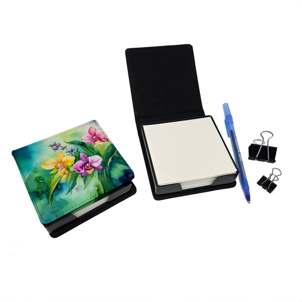 Orchids in Watercolor PU Leather Note Paper Holder with Artist-Designed Cover, Desk Accessory, Office Gift