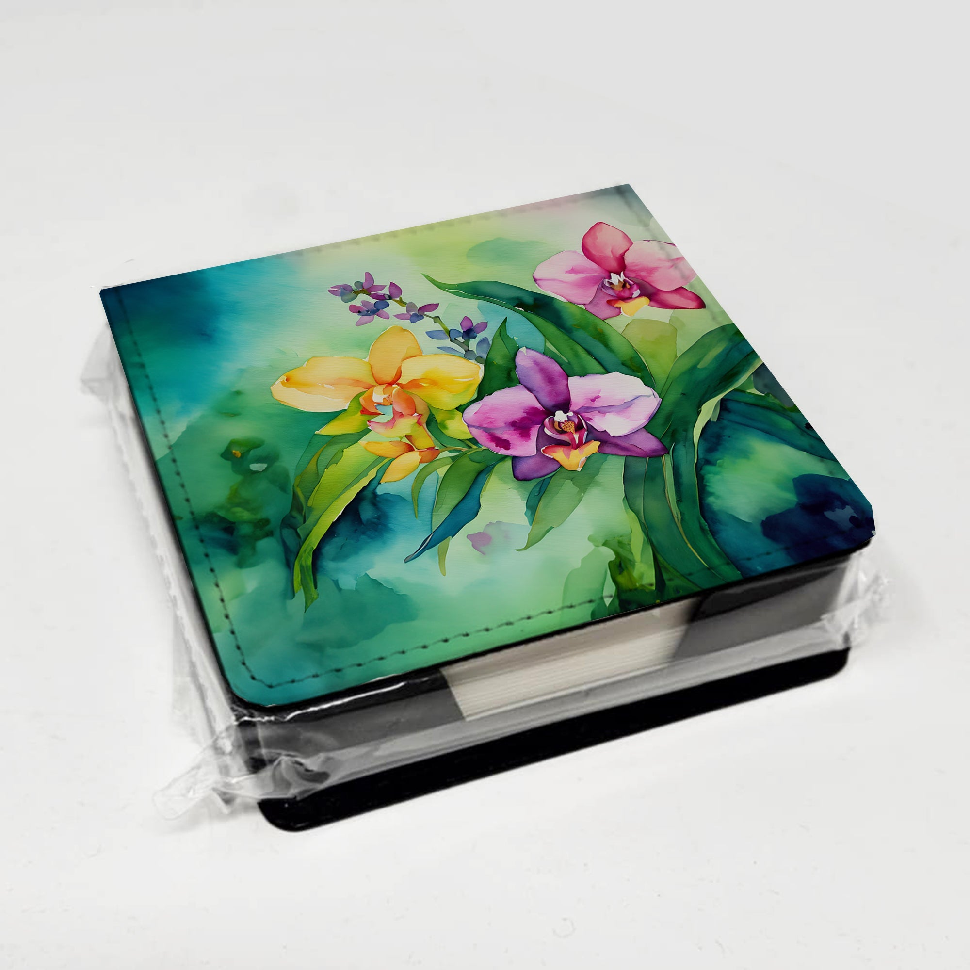 Orchids in Watercolor PU Leather Note Paper Holder with Artist-Designed Cover, Desk Accessory, Office Gift