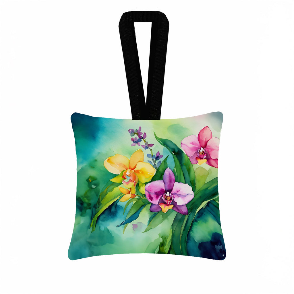 Orchids in Watercolor Hanging Square Fabric Ornament 3.5 × 3.5 Decorative Door-Knob & Tree Hanger, Soft Fabric