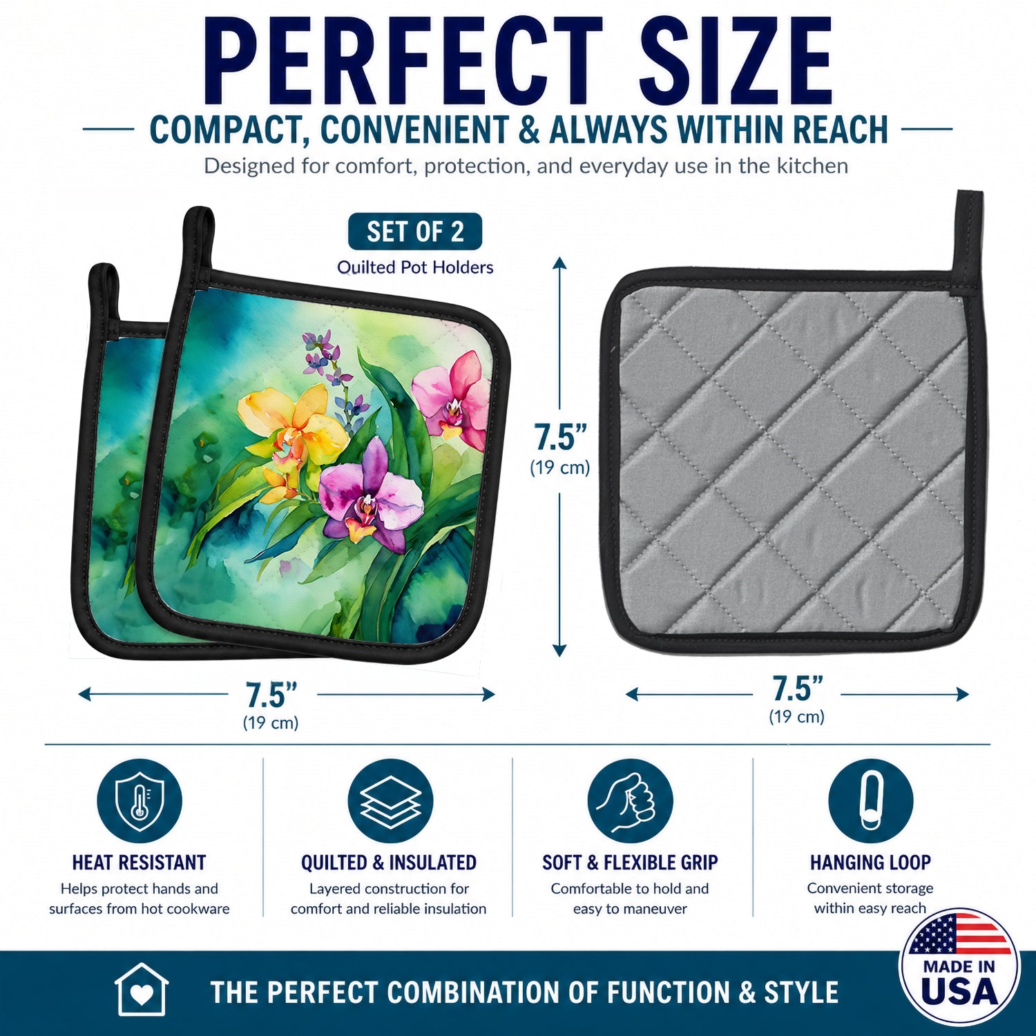 Orchids in Watercolor Pot Holder Set of 2 Heat Resistant Quilted Hot Pads 7.5 x 7.5 Inch, Insulated Kitchen Trivets for Cooking & Baking