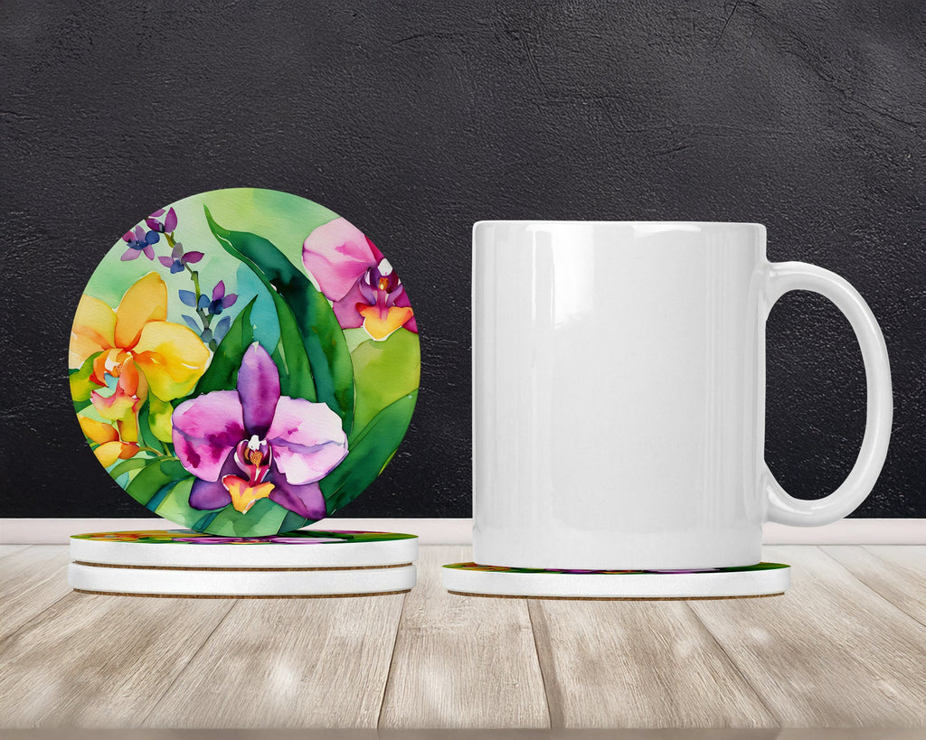 Orchids in Watercolor Large Sandstone Coasters Pack of 4 Absorbent Round Coasters Decor Gifts for Men or Women, 4 in, Multicolor