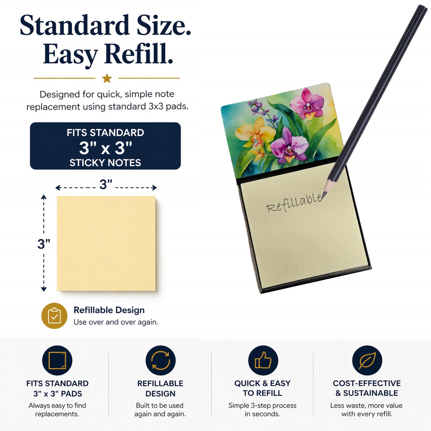 Orchids in Watercolor Watercolor Sticky Note Holder Refillable Dispenser Desk Accessory 3x3 Pad Gift