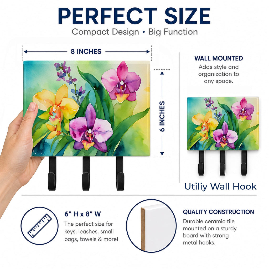 Orchids in Watercolor Leash or Key Holder Wall Hooks, Coat Rack Wall Mount, for Hanging Keys, Towels, Aprons, Leashes