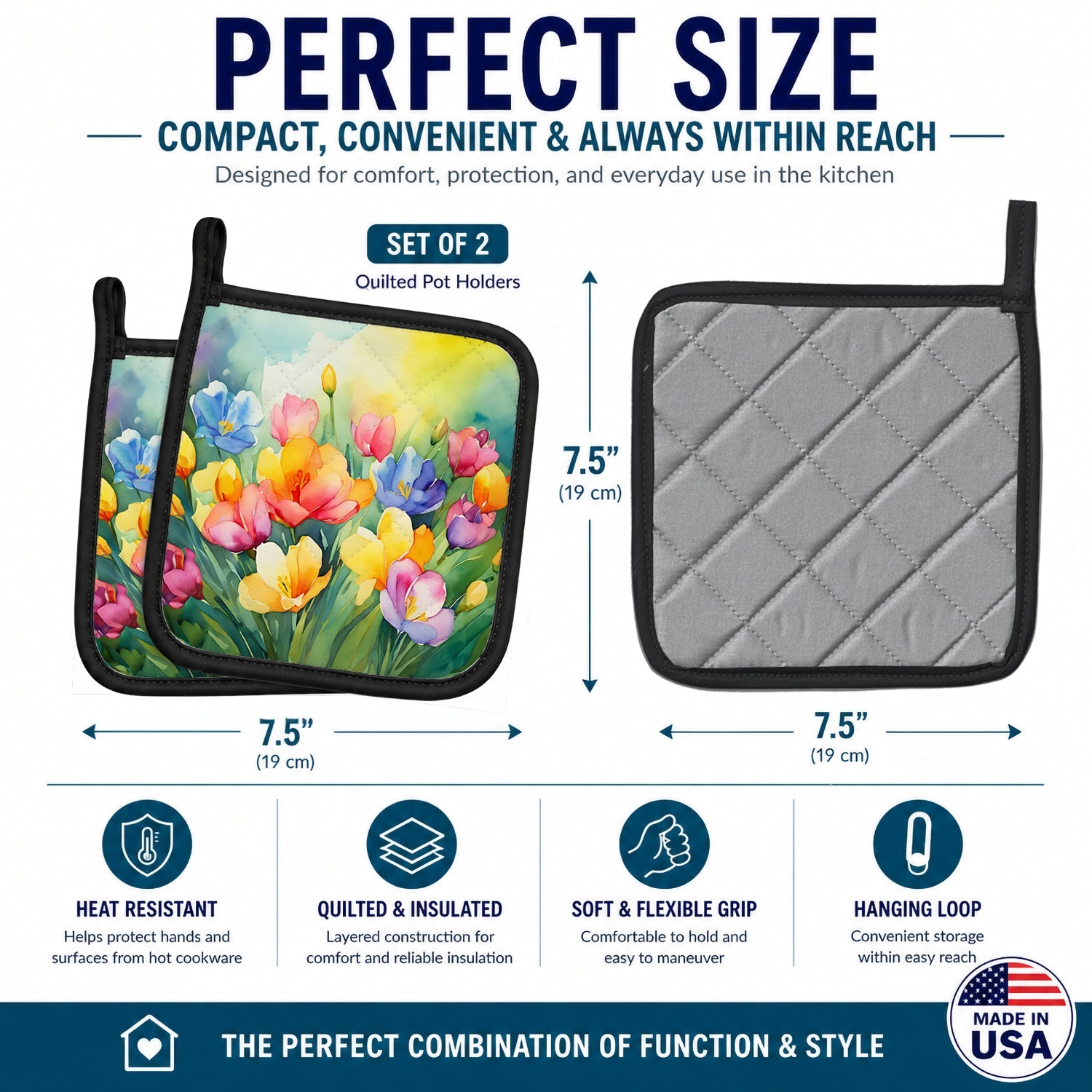 Freesias in Watercolor Pot Holder Set of 2 Heat Resistant Quilted Hot Pads 7.5 x 7.5 Inch, Insulated Kitchen Trivets for Cooking & Baking