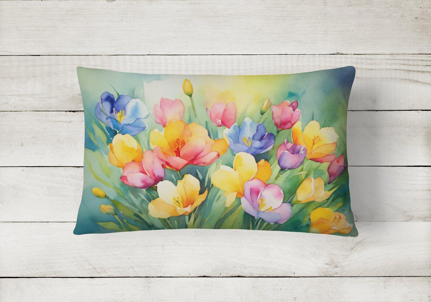 Freesias in Watercolor Decorative Throw Pillow 12x16 Indoor Outdoor Accent Cushion, Fabric Cover with Insert for Sofa, Bed, Porch & Living Room