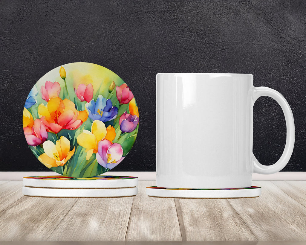 Freesias in Watercolor Large Sandstone Coasters Pack of 4 Absorbent Round Coasters Decor Gifts for Men or Women, 4 in, Multicolor