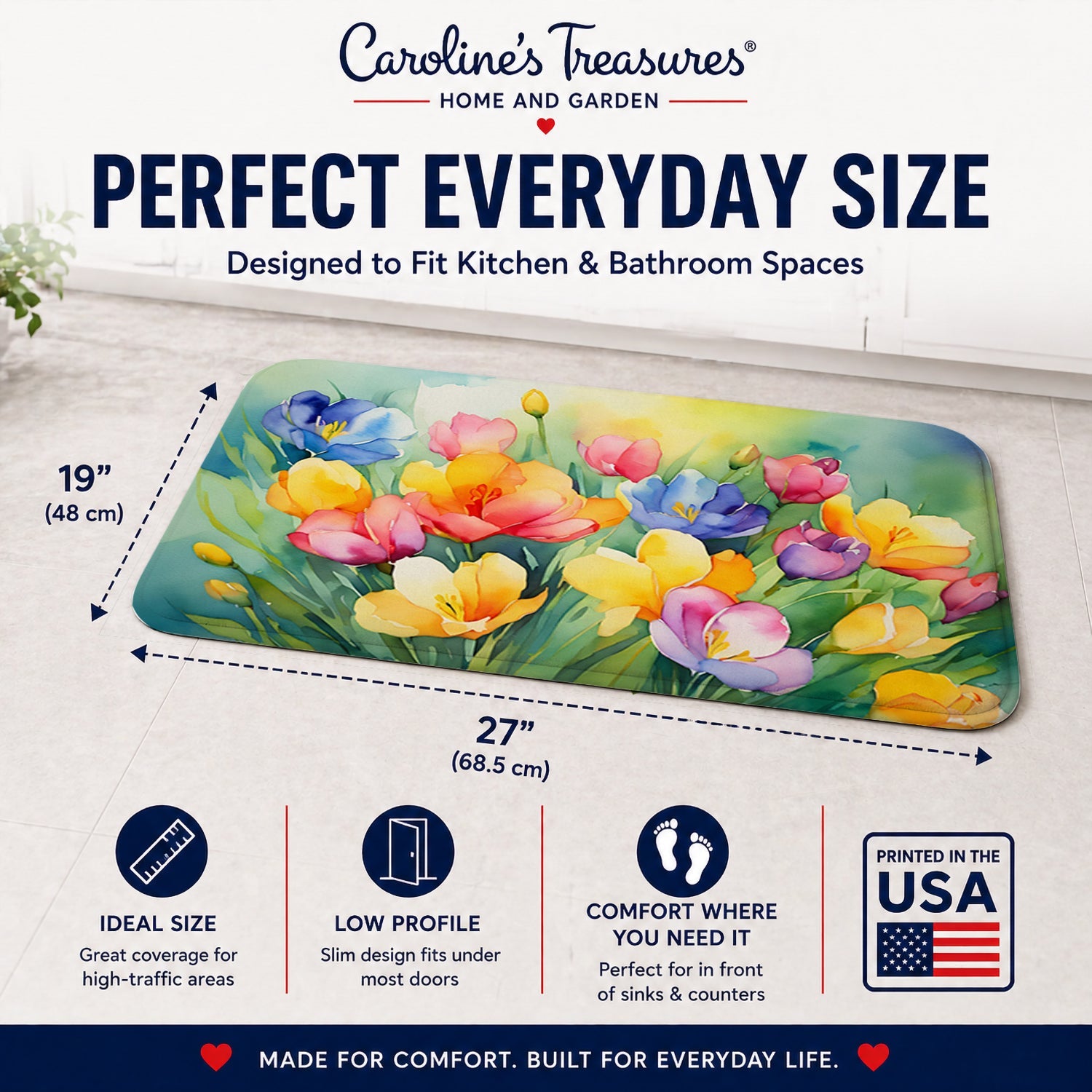 Freesias in Watercolor Memory Foam Kitchen Mat Machine Washable Anti-Fatigue Cushion Comfort Bath or Kitchen Rug