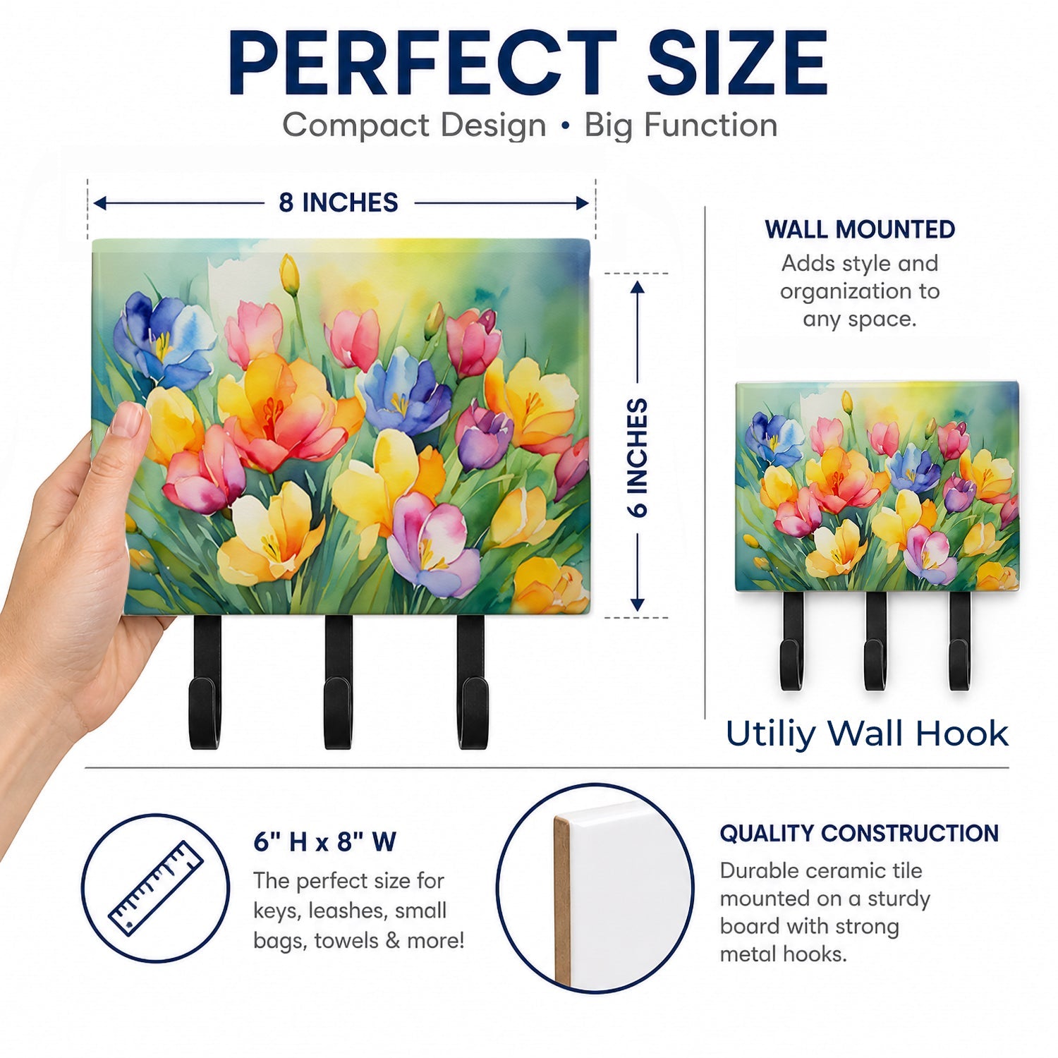 Freesias in Watercolor Leash or Key Holder Wall Hooks, Coat Rack Wall Mount, for Hanging Keys, Towels, Aprons, Leashes