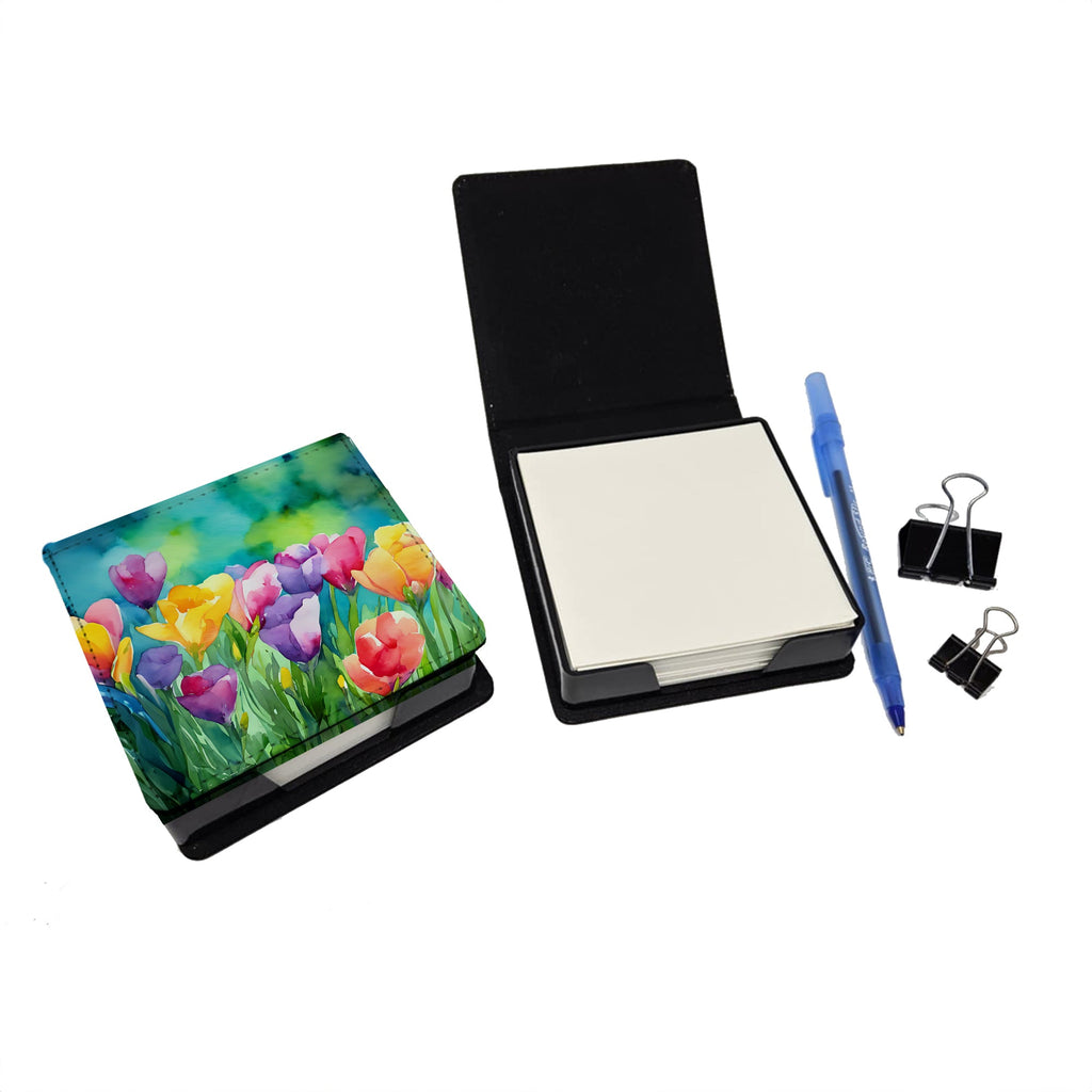 Freesias in Watercolor PU Leather Note Paper Holder with Artist-Designed Cover, Desk Accessory, Office Gift