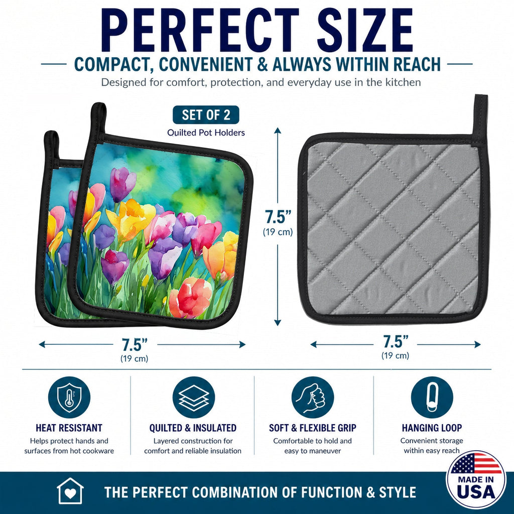 Freesias in Watercolor Pot Holder Set of 2 Heat Resistant Quilted Hot Pads 7.5 x 7.5 Inch, Insulated Kitchen Trivets for Cooking & Baking