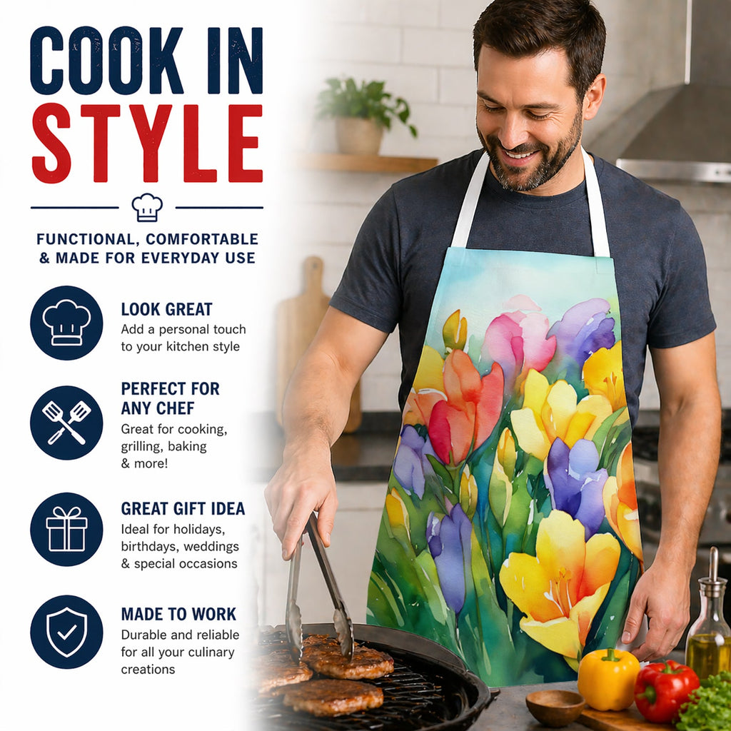 Freesias in Watercolor Apron Cooking Kitchen Server Baking Crafts Gardening for Adult Women Men, Unisex, Large, Multicolor