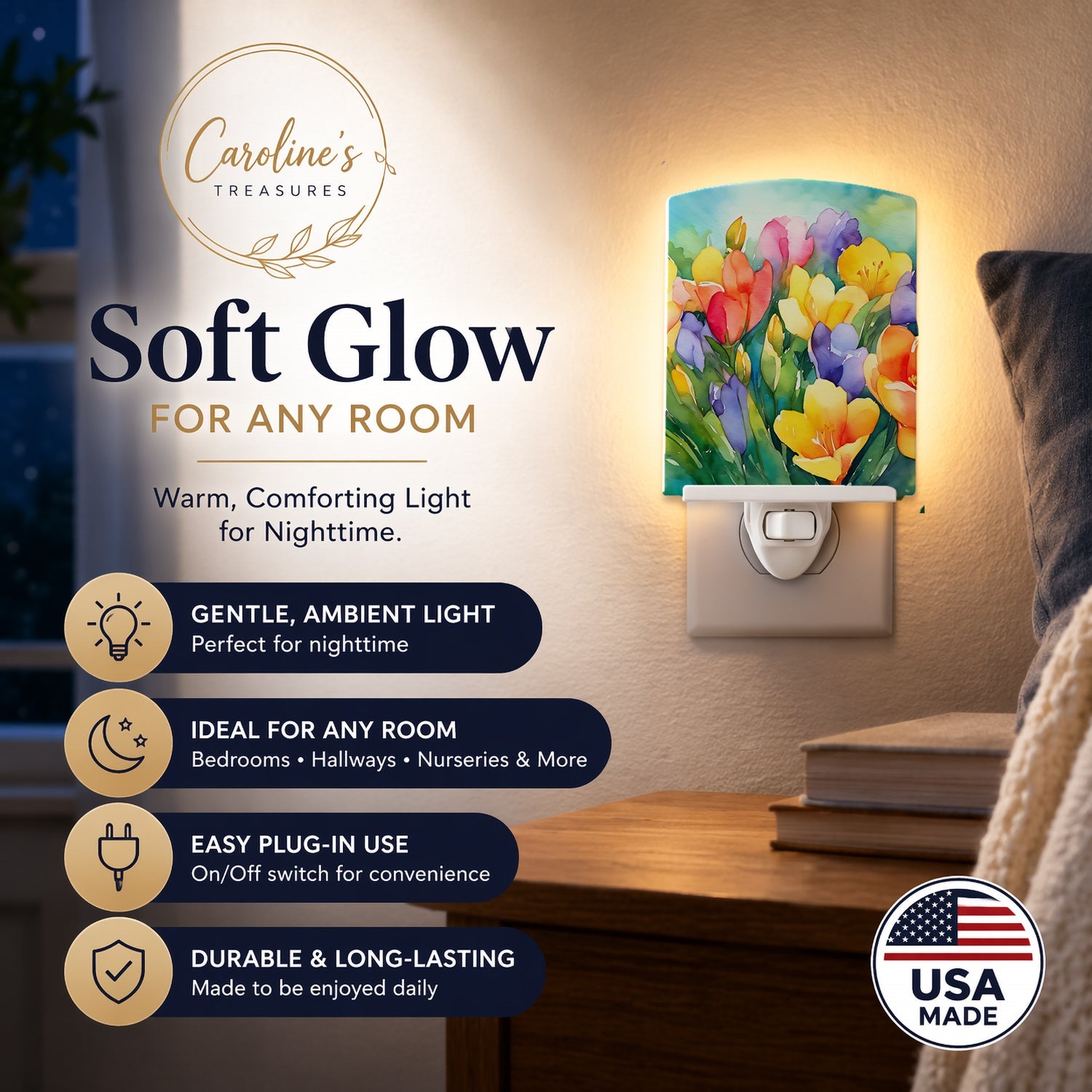 Freesias in Watercolor Ceramic Night Light Compact, UL-Certified, Ideal for Bedroom, Bathroom, Nursery, Hallway, Kitchen, 6x4x3, Multicolor
