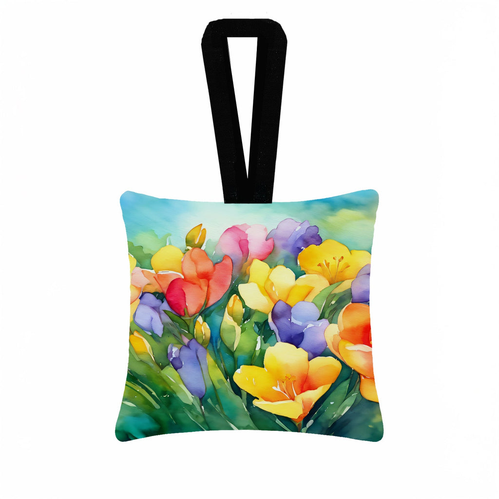 Freesias in Watercolor Hanging Square Fabric Ornament 3.5 × 3.5 Decorative Door-Knob & Tree Hanger, Soft Fabric