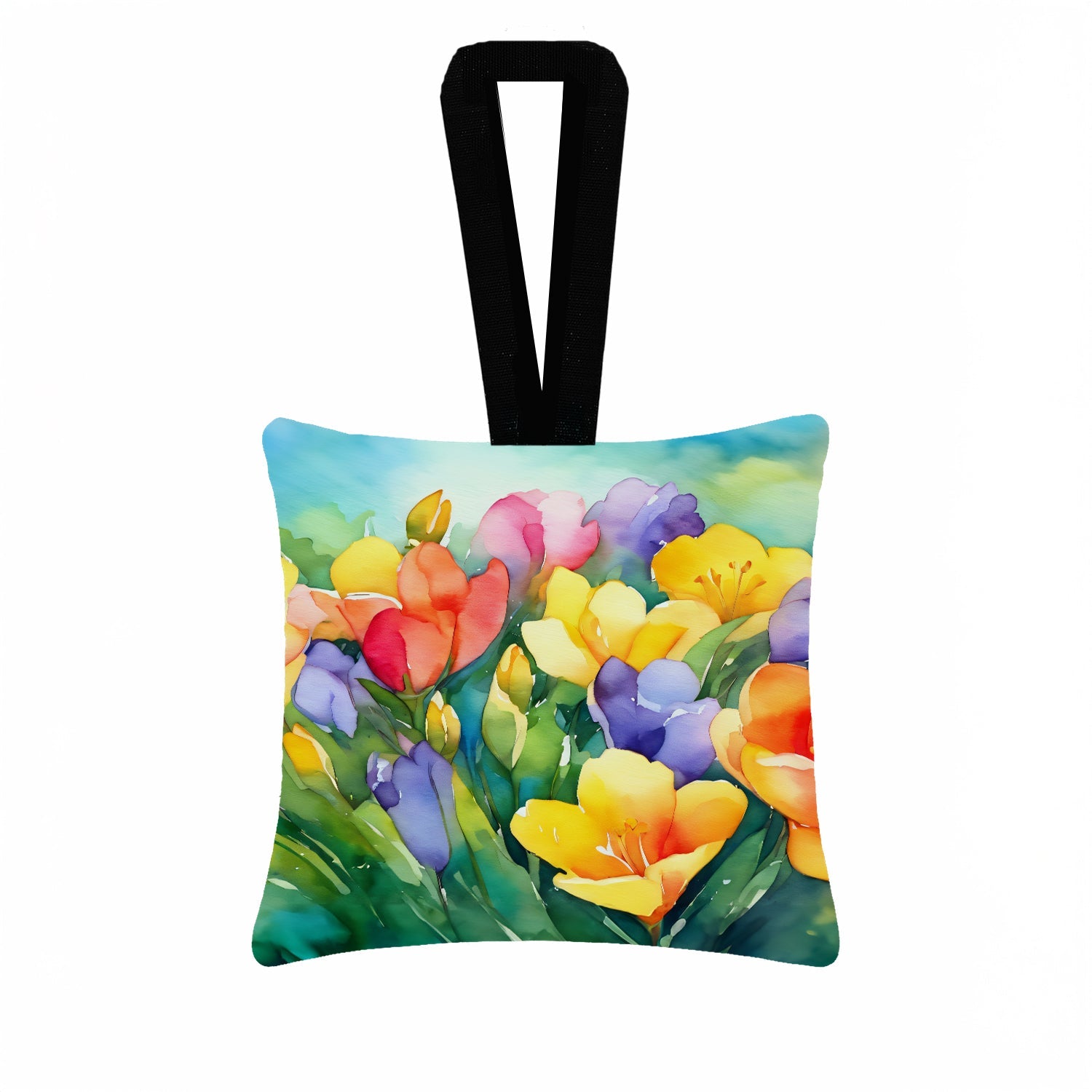 Freesias in Watercolor Hanging Square Fabric Ornament 3.5 × 3.5 Decorative Door-Knob & Tree Hanger, Soft Fabric