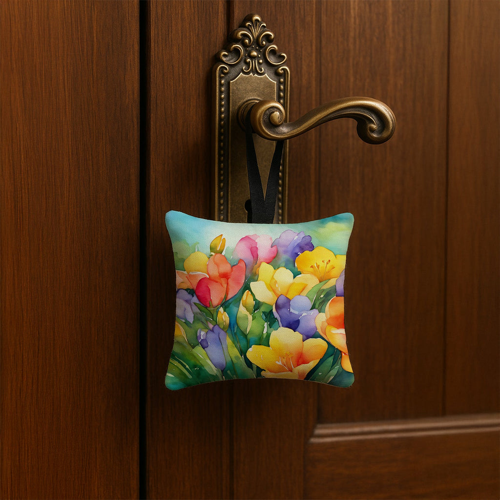 Freesias in Watercolor Hanging Square Fabric Ornament 3.5 × 3.5 Decorative Door-Knob & Tree Hanger, Soft Fabric