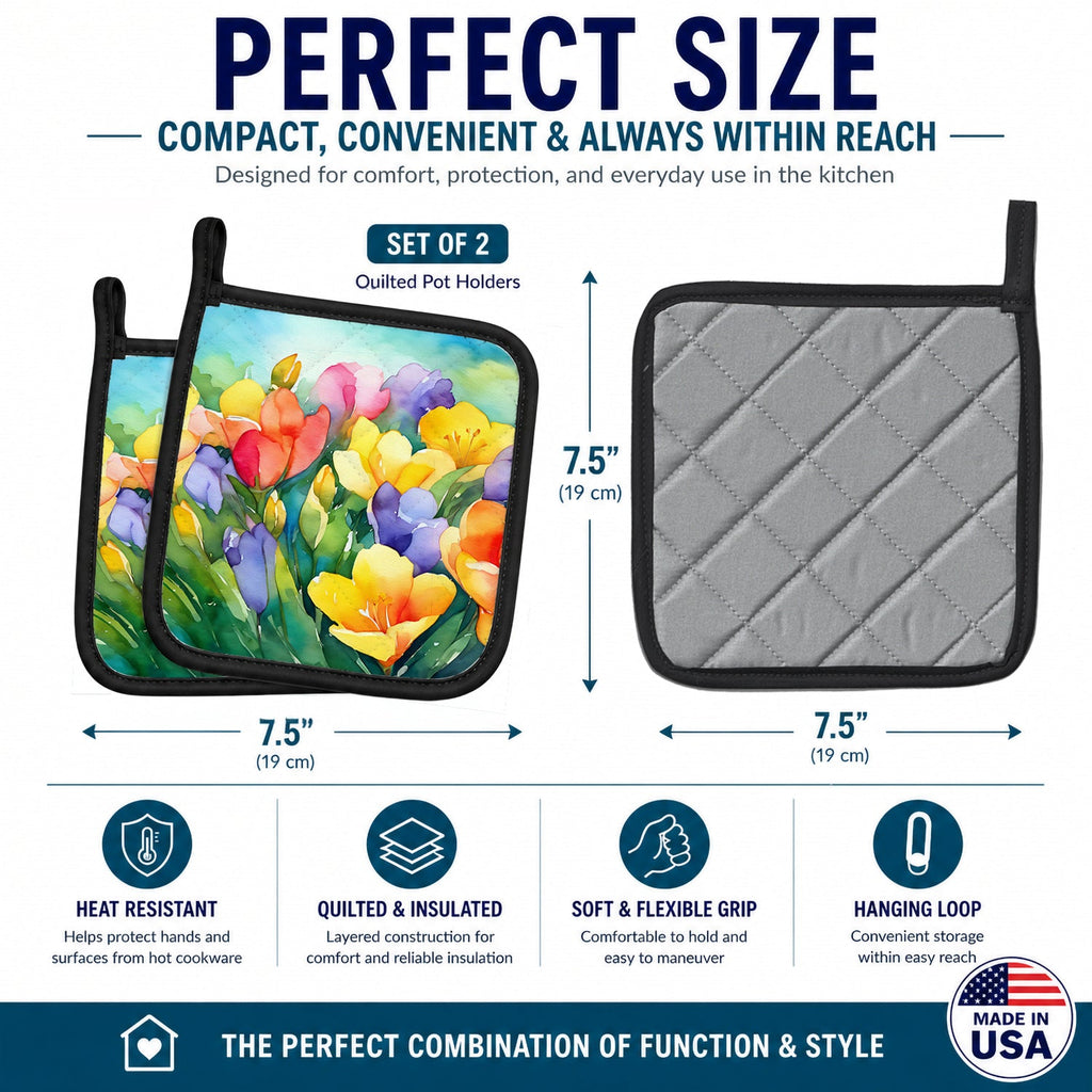 Freesias in Watercolor Pot Holder Set of 2 Heat Resistant Quilted Hot Pads 7.5 x 7.5 Inch, Insulated Kitchen Trivets for Cooking & Baking