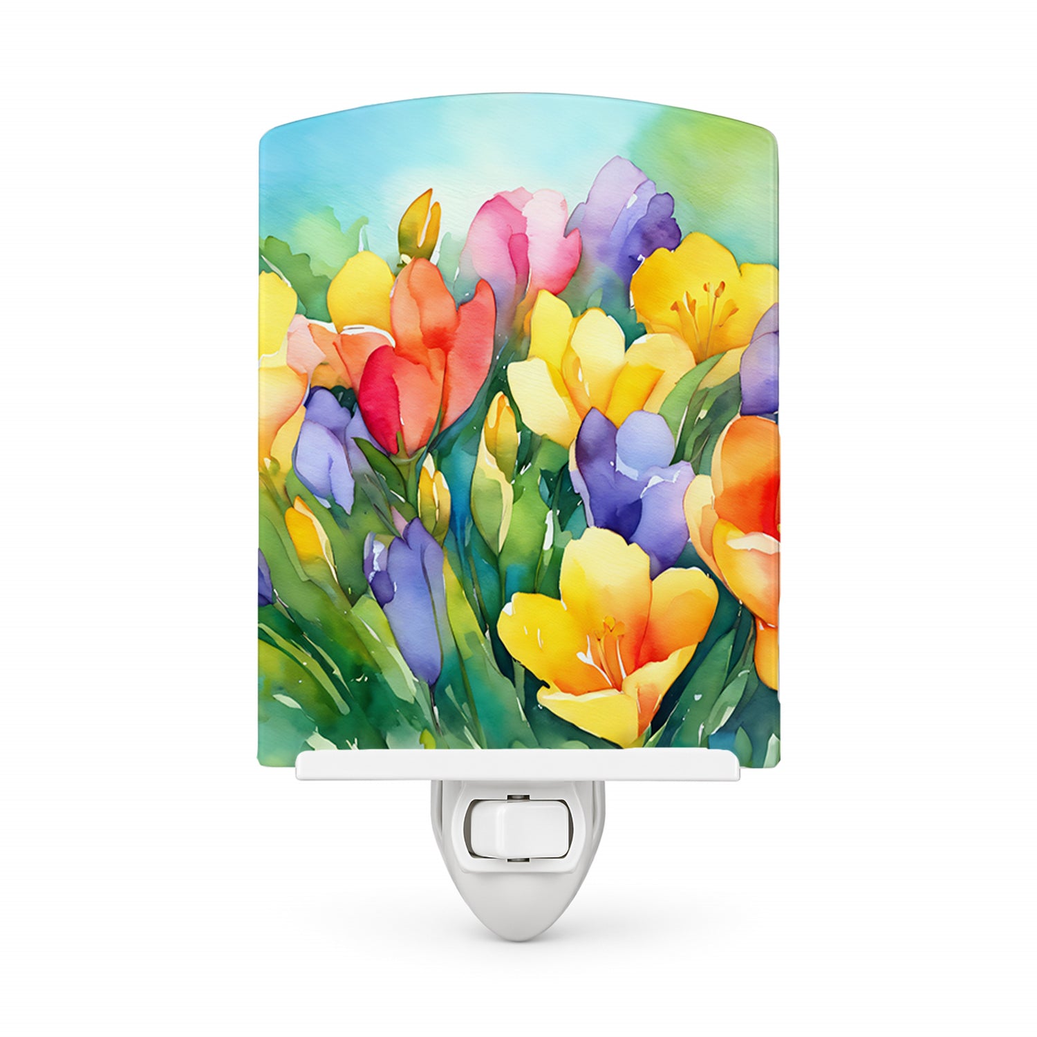 Freesias in Watercolor Ceramic Night Light Compact, UL-Certified, Ideal for Bedroom, Bathroom, Nursery, Hallway, Kitchen, 6x4x3, Multicolor