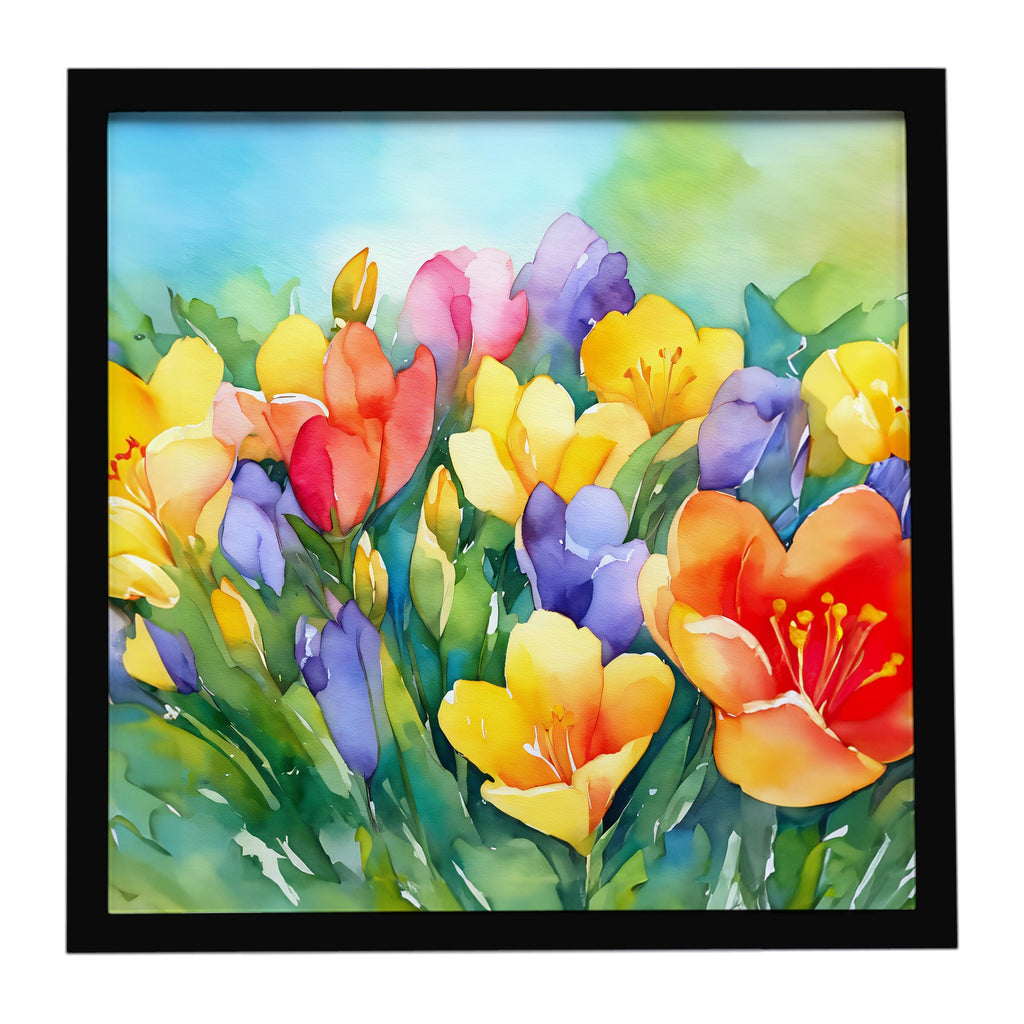 Freesias in Watercolor Framed Metal Print Bathroom, Kitchen, Office, Home Decor Wall Art Ready to Hang, Square, 8X8