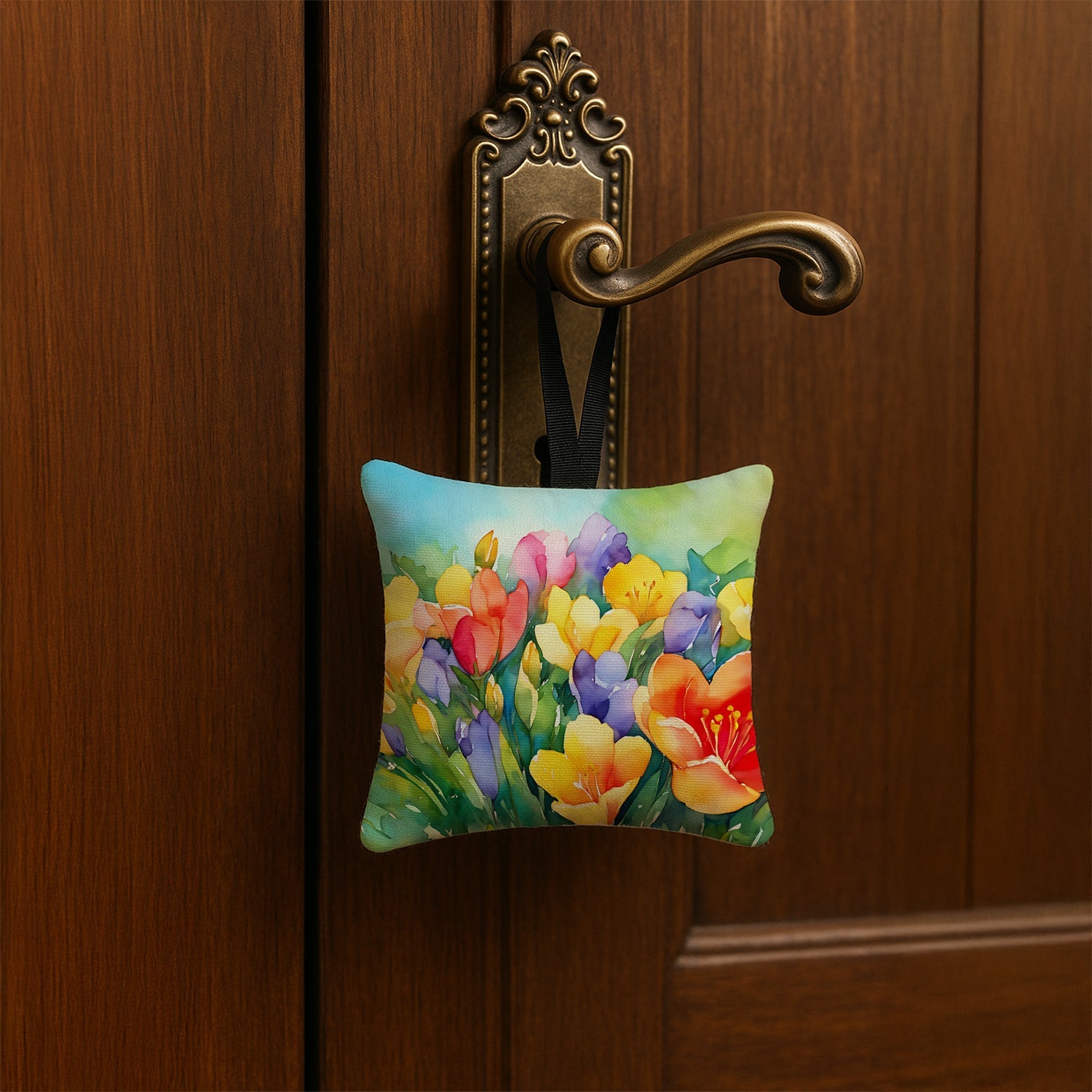 Freesias in Watercolor Hanging Square Fabric Ornament 3.5 × 3.5 Decorative Door-Knob & Tree Hanger, Soft Fabric