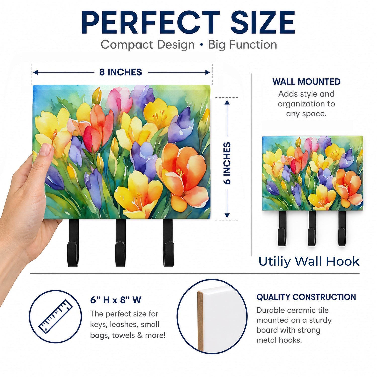 Freesias in Watercolor Leash or Key Holder Wall Hooks, Coat Rack Wall Mount, for Hanging Keys, Towels, Aprons, Leashes